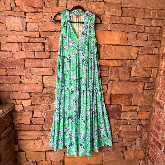 LILLY PULITZER Cabana Keepin It Reel Malone Blue Green Maxi Tiered Dress L - Picture 2 of 15